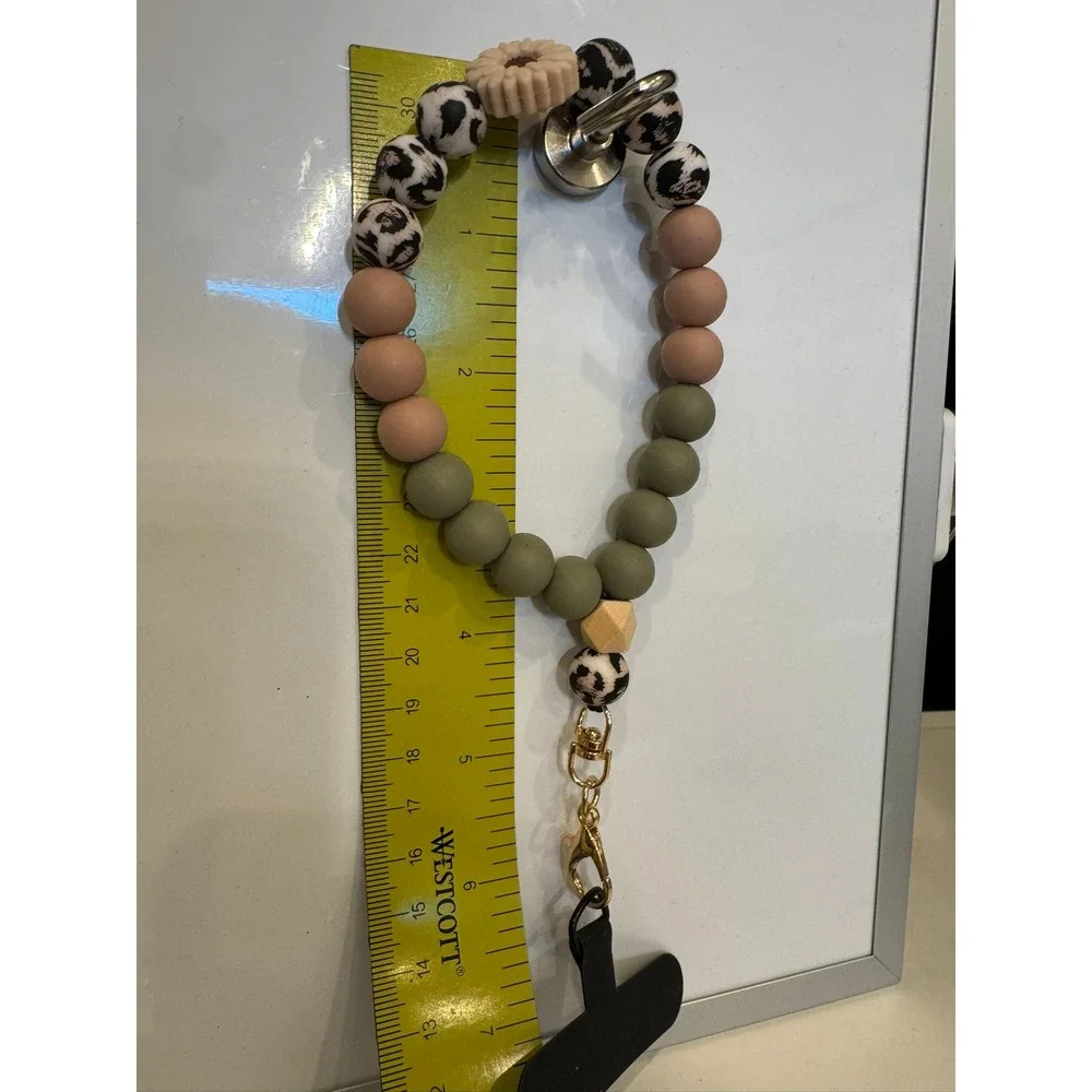 Silicone Bead Wristlet Keychain Leopard Print Sage Green Phone Tether Gold Clasp